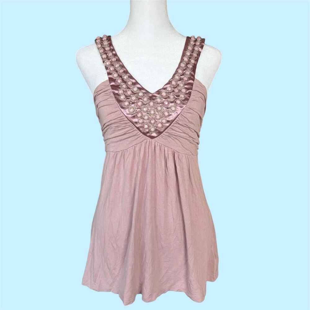 Y2K Soprano Pink beaded babydoll top with satin embellished neckline
